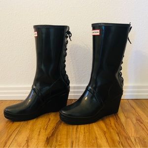 Hunter Verbier Wedge Boots, Black Lace Up Rubber Rain, Size 8